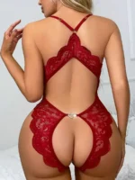 Wine red lace open back crotchless teddy lingerie back view