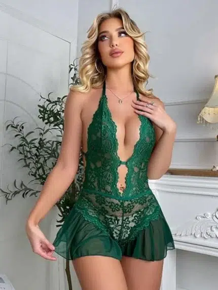 Deep green floral lace halter teddy babydoll lingerie front view