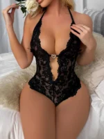 Black floral lace halter teddy bodysuit front seated view with deep plunge neckline