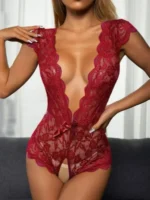 wine red backless crotchless floral lace teddy lingerie front view