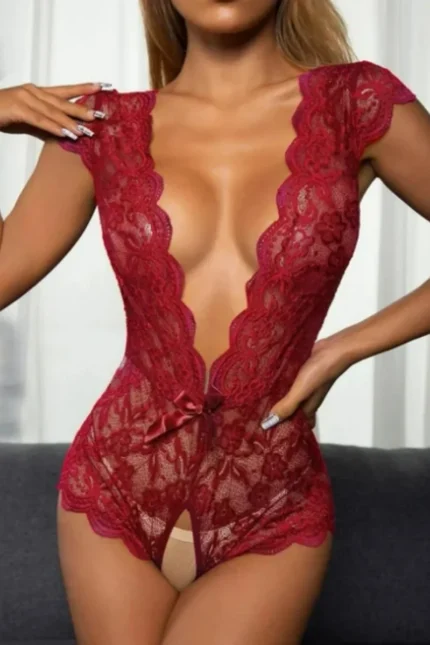 wine red backless crotchless floral lace teddy lingerie front view
