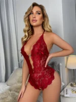 Wine red floral lace halter teddy bodysuit side front standing view