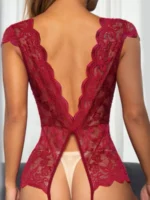 wine red backless crotchless floral lace teddy lingerie back view