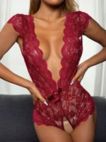wine red floral lace teddy lingerie front lifestyle view