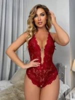 Wine red floral lace halter teddy bodysuit full front standing view