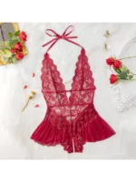 Wine Red lace teddy babydoll lingerie flat lay front view with roses