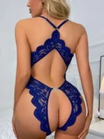 Blue lace open back teddy back view