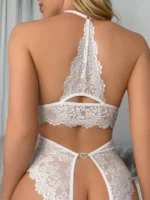 White floral lace halter teddy bodysuit back detail close view