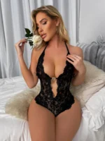 Black floral lace halter teddy bodysuit full front view on bed