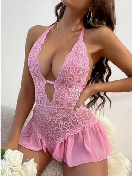Pink floral lace halter teddy babydoll lingerie front angled view