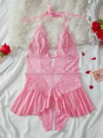 Pink floral lace teddy babydoll lingerie flat lay front view