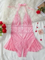 Pink floral lace teddy babydoll lingerie flat lay back view