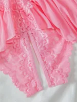 Pink lace teddy babydoll lingerie close up of crotchless lace and mesh hem
