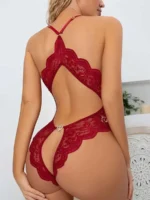 Wine red lace teddy lingerie angled back view