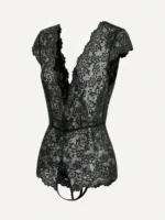 black floral lace backless crotchless teddy lingerie mannequin view