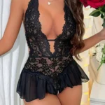 Black floral lace halter teddy babydoll lingerie front view with deep plunge neckline