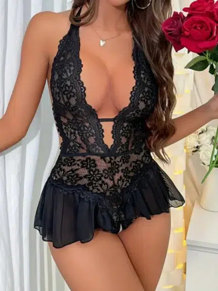 Black floral lace halter teddy babydoll lingerie front view with deep plunge neckline