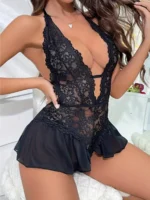 Black halter lace teddy babydoll lingerie close angled view
