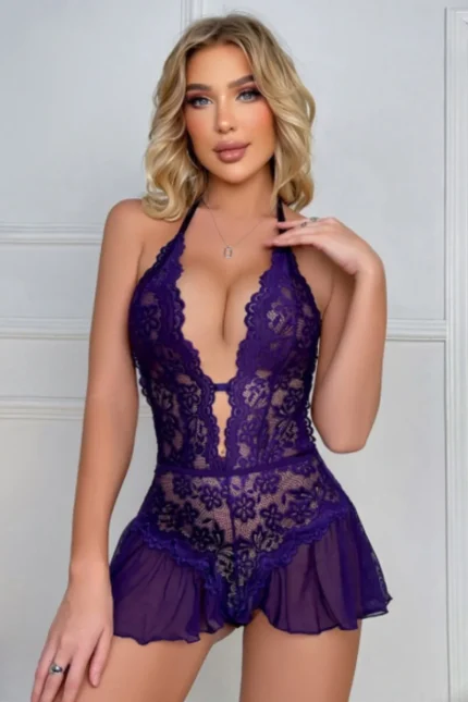 Purple floral lace halter teddy babydoll lingerie front view with plunge neckline