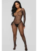 Black rhinestone fishnet bodystocking full front view on model