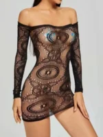 Black off shoulder fishnet mini dress lingerie full front view