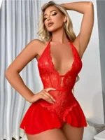 Red lace halter teddy babydoll lingerie front full view