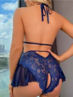 Navy blue open back lace teddy babydoll lingerie back view