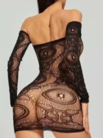 Black off shoulder fishnet mini dress lingerie back view