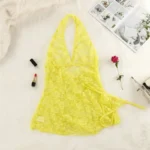 Yellow floral lace halter babydoll lingerie set flat lay