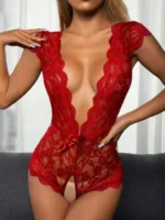 red backless crotchless floral lace teddy lingerie front view