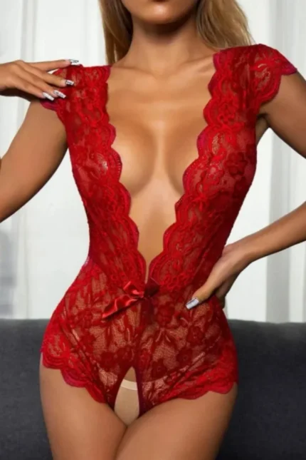 red backless crotchless floral lace teddy lingerie front view