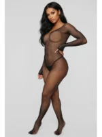 Black rhinestone fishnet bodystocking angled front view on model