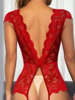red backless crotchless floral lace teddy lingerie back view