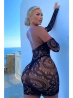 Black off shoulder fishnet mini dress lingerie back outdoor view