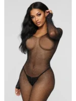 Black rhinestone fishnet bodystocking close front portrait view