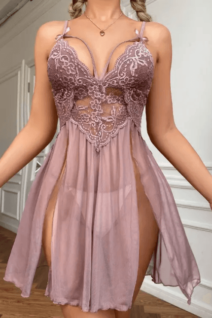 Khaki lace babydoll chemise with deep V neckline and sheer mesh skirt