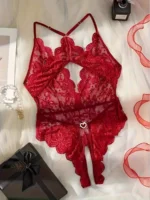 Wine red lace teddy flat lay back view