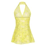 Yellow floral lace babydoll lingerie set back product image