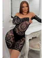 Black off shoulder fishnet mini dress lingerie indoor styled view