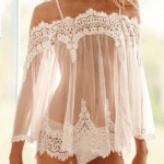 Off Shoulder Eyelash Lace Sheer Mesh Babydoll (With Thong)