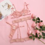 Embroidered Lace Underwire Garter Lingerie Set 5Pcs - Image 9