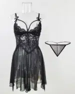 Sheer Lace Split Babydoll Lingerie Set with Panty – Sexy Mesh Chemise Nightdress - Image 14