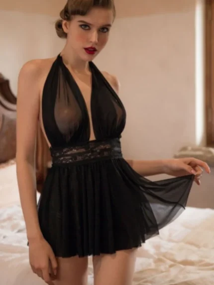 Black sheer halter babydoll lingerie front standing view