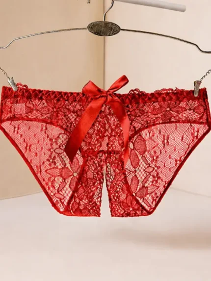 Red low-rise open crotch lace panty hanging display