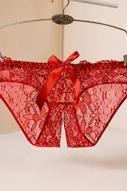 Red low-rise open crotch lace panty hanging display