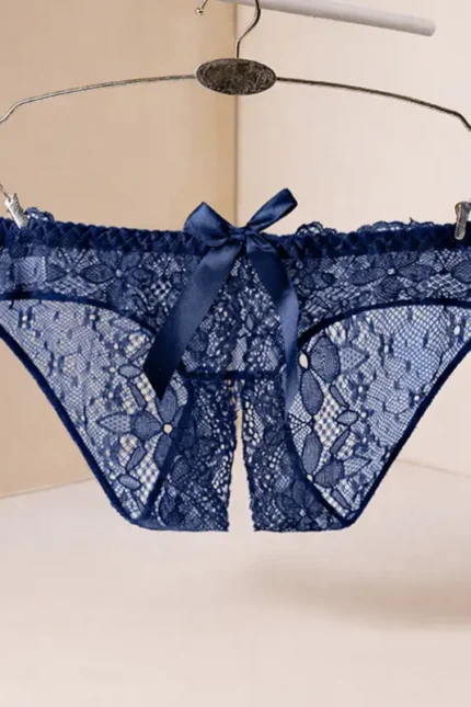Blue low-rise open crotch lace panty hanging display