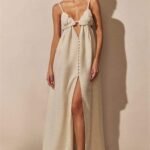 Apricot V-neck Flower High Slit Maxi Dress