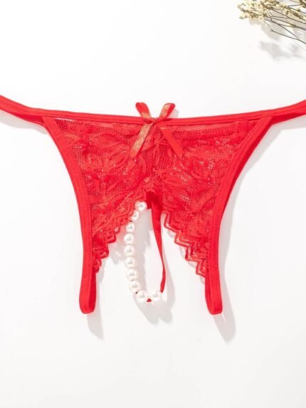 Red lace pearl crotchless panty flat lay product image