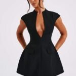 Black Cap Sleeve Pleated Mini Dress