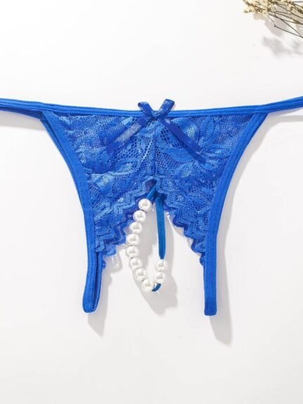 Blue lace pearl crotchless panty flat lay product image
